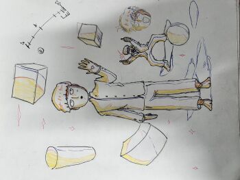 Rule 34 | 2boys, ? block, absurdres, barefoot, exif rotation, floating, highres, kageyama shigeo, levitation, limited palette, looking at another, male focus, mob psycho 100, multiple boys, non-web source, oktoberfools, pants, perspective, reigen arataka, school uniform, shadow, sparkle, star (symbol), timetable, traditional media