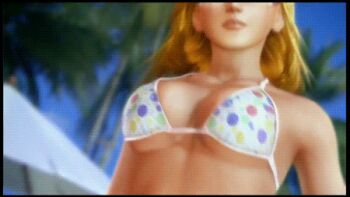 1girl animated animated_gif beach_umbrella bikini blonde_hair breasts coconut_tree day dead_or_alive dead_or_alive_xtreme_2 dead_or_alive_xtreme_beach_volleyball dutch_angle female_focus game_screenshot large_breasts lowres medium_breasts nature outdoors palm_tree plant sky solo sunglasses swimsuit tecmo tina_armstrong tree umbrella
