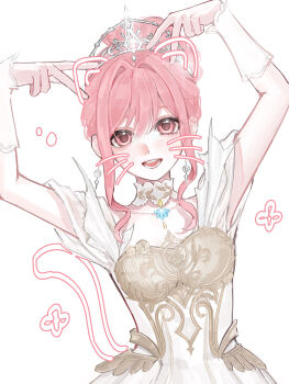 Rule 34 | 1girl, :d, aegyo sal, arms up, boobplate, breastplate, breasts, chen no chen, choker, commentary, curly sidelocks, double inward v, double v, drawn ears, drawn tail, drawn whiskers, dress, earrings, hair intakes, happy aura, highres, hoshino ai's pose, infinity nikki, jewelry, long sidelocks, looking at viewer, medium breasts, melody bloom (infinity nikki), nikki (nikki), nikki (series), open mouth, pink eyes, pink hair, short sleeves, sidelocks, silver earrings, silver tiara, simple background, smile, solo, sparkle, square neckline, straight-on, tiara, updo, upper body, v, variant set, white background, white choker, white dress, white wrist cuffs, wrist cuffs