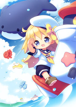 1girl :d aikei_ake animal arm_up beret blonde_hair blue_eyes blue_sailor_collar blue_shorts blue_sky blush boots bow brown_boots chibi cloud commentary_request day fish flying_fish fold-over_boots hat hat_bow long_hair neckerchief ocean octopus open_mouth original outdoors puffy_short_sleeves puffy_shorts puffy_sleeves sailor_collar salute shirt shoe_soles short_sleeves shorts sky smile solo squid starfish very_long_hair water whale white_hat white_shirt yellow_bow yellow_neckerchief