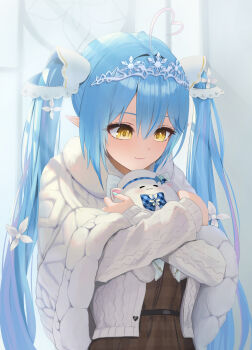 1girl ahoge aqua_nails blue_eyes brown_dress checkered_clothes checkered_dress closed_mouth colored_tips commentary_request dress elf fur-trimmed_sweater fur_trim hair_between_eyes hair_ornament highres hololive hug long_hair looking_at_another multicolored_hair pink_hair pointy_ears smile sweater torjun_111 twintails upper_body very_long_hair virtual_youtuber white_sweater white_tiara yellow_eyes yukihana_lamy yukimin_(yukihana_lamy)