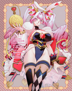 Rule 34 | 1girl, animal ears, black leotard, breasts, cleavage, cowboy shot, double bun, donut hair bun, duel monster, es biyi, hair bun, highleg, highleg leotard, highres, holding, holding pocket watch, large breasts, leotard, long hair, maliss <p> white rabbit, pink eyes, pink hair, pocket watch, rabbit ears, solo, twintails, watch, yu-gi-oh!