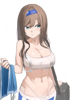 1girl abs absurdres bag bare_shoulders blue_hairband blue_pants breasts brown_hair cleavage collarbone commentary cowboy_shot goddess_of_victory:_nikke groin hair_between_eyes hairband highres holding holding_towel large_breasts long_hair looking_to_the_side mole mole_on_breast navel pants parted_lips rumani_(nikke) shoulder_bag sidelocks simple_background solo sports_bra standing stomach sumi_(pixiv_123219118) towel white_background white_sports_bra yoga_pants