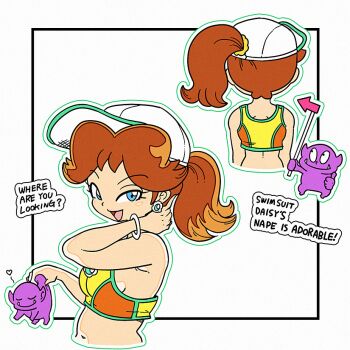 Rule 34 | alien, armpits, back, blue eyes, bra, breasts, brown hair, half-closed eyes, hat, mario (series), mario kart, mario kart world, meijin okd, nintendo, petite, ponytail, princess, princess daisy, sideboob, size difference, smile, super mario land, swimsuit, tatanga, underwear