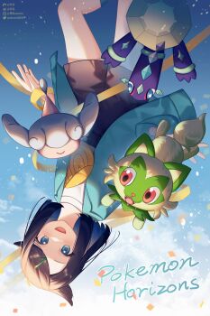 1girl :d absurdres black_hair black_shorts blue_eyes commentary copyright_name falling gen_8_pokemon hair_ornament hairclip happy hatenna highres jacket liko_(pokemon) looking_at_viewer nintendo open_clothes open_jacket open_mouth outdoors pokemon pokemon_(anime) pokemon_(creature) pokemon_horizons shirt shorts smile sprigatito swept_bangs terapagos upside-down white_shirt yellow_bag zerone