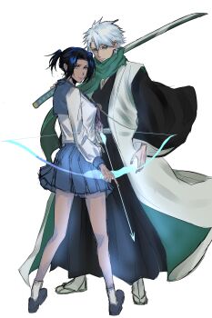 Rule 34 | 1boy, 1girl, almightybuttcheeks, alternate universe, arrow (projectile), black hair, black shoes, bleach, bleach: sennen kessen-hen, blue eyes, bow (weapon), breasts, commentary, english commentary, green eyes, green scarf, haori, highres, hitsugaya toushirou, holding, holding arrow, holding bow (weapon), holding sword, holding weapon, japanese clothes, kurosaki karin, long sleeves, medium breasts, miniskirt, pleated skirt, ponytail, puffy long sleeves, puffy sleeves, quincy (bleach), sandals, scarf, school uniform, serafuku, shihakusho, shoes, short ponytail, skirt, socks, sword, taichou haori, weapon, white hair, white socks