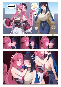 !? 2girls absurdres after_kiss animal_ear_fluff animal_ears blue_eyes blue_hair blush breasts closed_eyes ear_blush eipanguino french_kiss grabbing_another&#039;s_breast groping half-closed_eye heart heart-shaped_pupils highres hololive hololive_english kiss long_hair multiple_girls official_alternate_costume open_mouth ouro_kronii ouro_kronii_(casual) panther_ears panther_girl panther_tail pink_hair raora_panthera raora_panthera_(1st_costume) saliva saliva_trail sideboob symbol-shaped_pupils tail tongue tongue_out virtual_youtuber yellow_eyes yuri