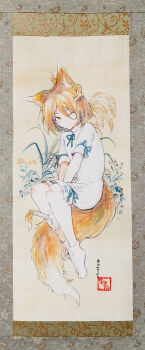 1girl animal animal_ear_fluff animal_ears animal_on_head blonde_hair blue_ribbon brown_hair brown_tail closed_mouth commentary_request fine_art_parody full_body hair_between_eyes highres hisona_(suaritesumi) holding holding_vial kudamaki_tsukasa neck_ribbon nihonga no_shoes on_head one_eye_closed parody photo_(medium) plant ribbon romper short_hair short_sleeves sleeve_garter sleeve_ribbon socks solo tail touhou traditional_media vial white_romper white_socks white_tail yellow_eyes yellow_tail