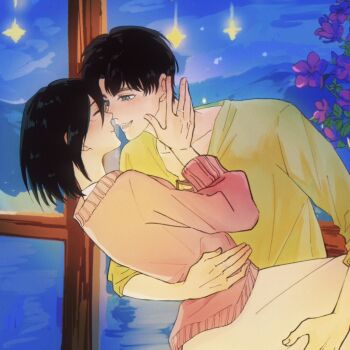 1boy 1girl arm_around_waist black_hair chanyuanyyy closed_eyes closed_mouth commentary couple english_commentary eren_yeager facial_scar flower green_eyes hand_on_another's_neck hetero jewelry long_skirt looking_at_another mikasa_ackerman open_mouth pink_flower pink_sweater ring scar scar_on_cheek scar_on_face shingeki_no_kyojin shirt short_hair skirt sleeves_rolled_up smile sweater upper_body white_skirt yellow_shirt