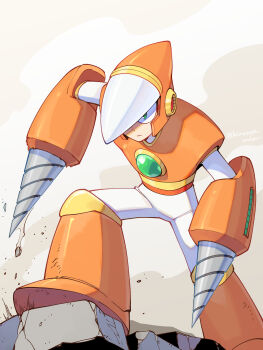 1boy commentary_request crash_man drill full_body green_eyes helmet highres kinusaya_endow male_focus mega_man_(classic) mega_man_(series) mega_man_2 no_humans robot solo
