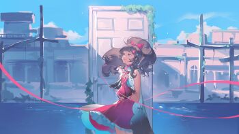 1girl bangle bare_shoulders big_hair blue_flower blue_sky blunt_bangs bow bow_coat bracelet braid brown_eyes brown_hair character_request check_copyright chinese_commentary closed_mouth cloud coat collared_coat collared_dress commentary_request copyright_request day door dress eyelashes eyeshadow fingerless_gloves flower frilled_dress frilled_gloves frills gloves hair_bow hair_flower hair_ornament hairclip high_collar high_ponytail highres holding holding_string indie_virtual_youtuber jewelry light_smile long_hair makeup moss outdoors own_hands_together pink_bow pink_dress pink_eyeshadow pink_flower pink_gloves pink_string ponytail river ruins short_dress side_braid sky sleeveless sleeveless_coat solo string torii virtual_youtuber white_bow white_coat yunouou10