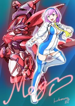 1girl artist_name aura blue_dress blue_footwear blue_hairband boots breasts brown_eyes character_name cleavage clenched_hands daimon_meguru detached_collar dress earrings hair_behind_ear hairband head_tilt heart highres jacket jewelry looking_at_viewer mecha medium_breasts merafdin necktie open_mouth pink_hair red_eyes robot smile solo_focus super_robot_wars super_robot_wars_dd thigh_boots two-tone_dress two-tone_footwear white_dress white_footwear white_jacket yellow_necktie yuzupapa