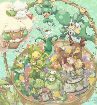 :3 amoonguss basket closed_eyes closed_mouth commentary_request cottonee dated deerling ferroseed ferrothorn floral_background flower foongus gen_5_pokemon green_background hitsubaru holding holding_pokemon leavanny legendary_pokemon lilligant maractus monster_girl nintendo open_mouth orange_eyes pansage petals petilil plant plant_girl pokemon pokemon_(creature) sawsbuck serperior servine sewaddle simisage smile snivy swadloon teeth tongue vines virizion whimsicott