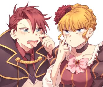 Rule 34 | 1boy, 1girl, beatrice (umineko), black necktie, blonde hair, blue eyes, bow, closed mouth, collarbone, collared shirt, fang, flower, gem, hair flower, hair ornament, highres, hswoimuxk0pwr0h (bbdan), looking at another, necktie, pink bow, red flower, red gemstone, red hair, red rose, red shirt, rose, shirt, short hair, sidelocks, simple background, tongue, tongue out, umineko no naku koro ni, upper body, ushiromiya battler, v-shaped eyebrows, white background