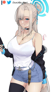 1girl asuna_(blue_archive) bare_shoulders belt black_jacket black_thighhighs blonde_hair blue_archive blue_eyes blue_halo blue_shorts blush bra_visible_through_clothes breasts choker cleavage collarbone damobelmont fur-trimmed_jacket fur_trim grin hair_bun hair_over_one_eye halo highres holding holding_phone jacket jewelry large_breasts long_hair looking_at_viewer mole mole_on_breast necklace open_clothes open_jacket patreon_logo patreon_username phone shirt shorts single_hair_bun smile solo tank_top thighhighs thighs very_long_hair white_belt white_shirt white_tank_top