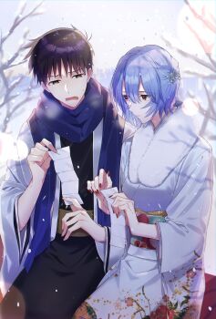 1boy 1girl absurdres alternate_costume ayanami_rei bare_tree black_hair blue_hair blue_kimono breasts breath eyes_visible_through_hair flower hair_flower hair_ornament hairclip hetero highres holding holding_paper ikari_shinji japanese_clothes kimono nail_polish neon_genesis_evangelion new_year paper red_eyes red_nails short_hair snow sweatdrop tree visible_air white_kimono winter yoshio_296