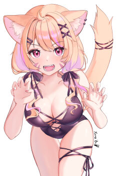 Rule 34 | 1girl, ahoge, animal ear fluff, animal ears, blonde hair, breasts, cat ears, cat girl, cat tail, cleavage, colored inner hair, facial mark, hair ornament, highres, indie virtual youtuber, large breasts, looking at viewer, multicolored hair, navel, one-piece swimsuit, open mouth, pink eyes, purple hair, purple one-piece swimsuit, short twintails, shyrei faolan, swimsuit, tail, thighs, twintails, virtual youtuber, whisker markings, white background, x hair ornament, yunobell