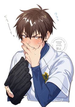 1boy 6tnut9 ace_of_diamond baseball_glove baseball_uniform brown_eyes brown_hair commentary_request cropped_torso embarrassed hand_on_own_face looking_to_the_side male_focus sawamura_eijun short_hair simple_background solo sportswear sweat upper_body watermark watermark_grid white_background