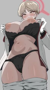1girl ajisawa_aji black_bra black_panties blonde_hair blue_archive blush bra bra_pull breasts breasts_out cameltoe clothes_pull commentary_request cowboy_shot from_below gloves gluteal_fold grey_background halo highres jacket large_breasts marina_(blue_archive) navel nipples open_clothes open_jacket panties pants pants_pull parted_lips red_halo short_hair simple_background solo standing thighs underwear white_gloves white_jacket white_pants yellow_eyes