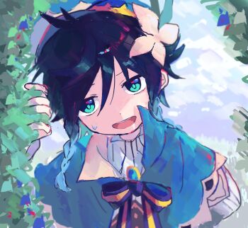1boy androgynous aqua_eyes aqua_pupils arm_behind_back artist_request ascot beret black_bow black_bowtie black_hair blue_capelet blue_flower blue_gem blue_hair blue_hat blue_sky bow bowtie braid bush capelet cloud cloudy_sky collared_capelet collared_shirt commentary_request day flower gem genshin_impact gradient_hair hair_between_eyes hair_flower hair_ornament half-closed_eyes hand_up hat jewelry leaf_hair_ornament long_sleeves looking_to_the_side male_focus multicolored_hair open_mouth outdoors pendant shirt short_hair sky smile solo striped_bow striped_bowtie striped_clothes sweatdrop teeth tongue twin_braids two-sided_capelet upper_body venti_(genshin_impact) white_ascot white_shirt yellow_capelet yellow_flower