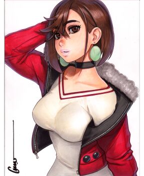 1girl arm_behind_head arm_up artist_name ayase_momo black_choker breasts brown_eyes brown_hair choker cropped_jacket dandadan earrings fur-trimmed_jacket fur_trim hair_behind_ear hair_between_eyes impossible_clothes impossible_shirt jacket jewelry large_breasts lips looking_at_viewer omar_dogan open_clothes open_jacket parted_lips pendant_earrings pillarboxed pink_lips red_jacket scan shirt short_hair signature simple_background single_off_shoulder solo thick_eyebrows third-party_source traditional_media upper_body v-neck white_background white_shirt