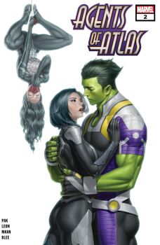 Rule 34 | 1boy, 2girls, absurdres, agents of atlas, amadeus cho (marvel), ass, black bodysuit, black eyes, black hair, bodysuit, brawn (marvel), cindy moon, colored skin, comic cover, company name, copyright logo, copyright name, cover, covered pectorals, fingerless gloves, gloves, green hair, green skin, grey gloves, hand on another's chest, hetero, highres, imminent kiss, logo, long hair, luna snow, marvel, mask, mouth mask, multicolored hair, multiple girls, muscular, muscular male, official art, open mouth, pectorals, short hair, silk (marvel), spider-man (series), spider web print, split-color hair, superhero costume, surprised, upside-down, white background, white hair, yoon junggeun