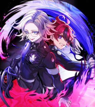 2boys ahoge aotsuki_eito armband black_background black_jacket black_streaks blue_eyes clenched_teeth commentary_request eyelashes eyeliner gakuran glasses gloves grey_eyes grey_hair highres holding holding_sword holding_weapon jacket last_defense_academy_school_uniform looking_at_viewer makeup male_focus multicolored_hair multiple_boys nota_sayaka red_eyeliner red_hair school_uniform short_hair smile streaked_hair sumino_takumi sword teeth the_hundred_line_-last_defense_academy- two-tone_hair weapon white_armband white_gloves