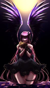 bare_shoulders be2imo_gestart black_dress black_wings blonde_hair braid breasts character_doll cleavage collarbone doll dorothy_(nikke) dorothy_(nostalgia)_(nikke) dress feathered_wings goddess_of_victory:_nikke hair_bun hair_ribbon highres large_breasts long_hair nail_polish official_alternate_costume pink_hair pink_nails pinne_(nikke) purple_eyes red_eyes ribbon wading water white_ribbon wings