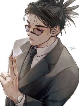 Rule 34 | 1boy, 28cg, absurdres, black hair, choso (jujutsu kaisen), closed eyes, closed mouth, collared shirt, double bun, facial tattoo, formal clothes, glasses, grey suit, hair bun, highres, jewelry, jujutsu kaisen, male focus, necktie, ring, shirt, signature, solo, suit, tattoo, upper body, watch, white background, wristwatch