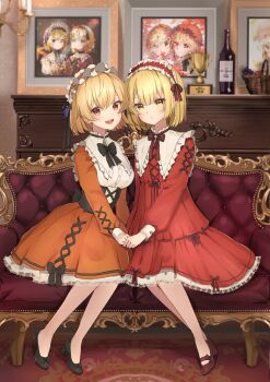 Rule 34 | 2girls, aki minoriko, aki shizuha, alternate costume, annotated, blonde hair, bottle, commentary request, couch, dress, frilled dress, frilled hairband, frills, hairband, high heels, highres, indoors, long sleeves, looking at viewer, multiple girls, on couch, orange dress, orange hairband, picture frame, puffy long sleeves, puffy sleeves, red dress, red eyes, red hairband, shironeko yuuki, sitting, touhou