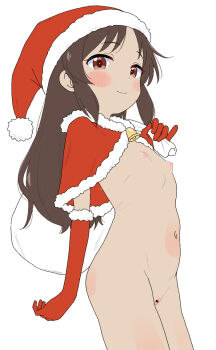 1girl bell blush breasts brown_eyes brown_hair capelet christmas fur-trimmed_capelet fur-trimmed_gloves fur-trimmed_headwear fur_trim gloves groin hat holding holding_sack idolmaster idolmaster_cinderella_girls idolmaster_cinderella_girls_u149 long_hair long_sidelocks looking_at_viewer navel nipples pussy red_capelet red_gloves red_hat sack santa_cape santa_costume santa_hat sidelocks simple_background small_breasts smile solo tachibana_arisu takku white_background
