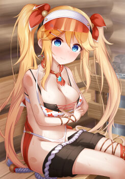 1girl absurdres bikini black_shorts blonde_hair blue_eyes blush breasts closed_mouth clothes_pull cross-laced_bikini cross-laced_clothes gplnbeat high-waist_bikini highres large_breasts layered_bikini leaf_print long_hair looking_at_viewer maple_leaf_print ninon_(princess_connect!) ninon_(summer)_(princess_connect!) princess_connect! sauna shorts shorts_pull sitting solo swimsuit twintails visor_cap white_bikini