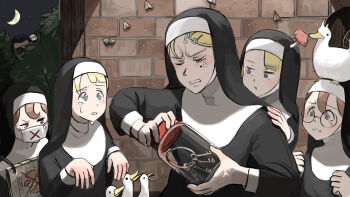 1boy 5girls animal animal_on_head bird bird_on_head blonde_hair blue_eyes blush brick_wall brown_eyes brown_hair bug bush chicken clenched_hand clenched_teeth clumsy_nun_(diva) crescent_moon diva_(hyxpk) door duck father_(diva) flower fly_agaric froggy_nun_(diva) glass glasses glasses_nun_(diva) habit hair_flower hair_ornament hairclip hand_on_another&#039;s_shoulder head_on_another&#039;s_shoulder hiding highres holding holding_jar insect jar key little_nuns_(diva) mask mole mole_under_eye moon moth mouth_mask multiple_girls mushroom mushroom_on_head night nun on_head one_eye_closed opening peeking priest sign sign_around_neck slice_of_life spicy_nun_(diva) star_(sky) strict_nun_(diva) sunglasses sweatdrop tearing_up teeth traditional_nun veil veins wall wooden_door yellow_eyes