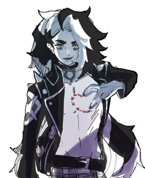 Rule 34 | 1boy, bite mark, black hair, black jacket, black nails, blood, commentary request, eyeshadow, half-heart hands, highres, jacket, looking at viewer, makeup, male focus, multicolored hair, nintendo, oda (oda romkn), official alternate costume, pendant choker, piers (pokemon), piers (sygna suit) (pokemon), pokemon, pokemon masters ex, solo, two-tone hair, upper body, white hair