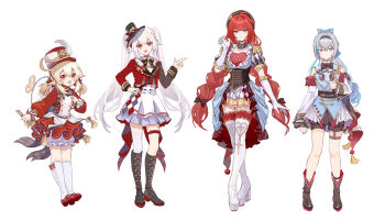 4girls absurdres achyue ahoge black_boots black_bow black_bowtie black_collar black_hat black_shorts black_sleeves blonde_hair bloomers blue_bow blue_dress blue_hair blue_streaks boots bow bow_legwear bowtie braid bronya_zaychik bronya_zaychik_(herrscher_of_truth) collar collarbone corset detached_collar detached_sleeves dress drill_hair elbow_gloves elf epaulettes frilled_collar frilled_gloves frills genshin_impact gloves green_eyes grey_hair hair_bow hand_on_own_hip hat high-low_dress high_heel_boots high_heels highres honkai:_star_rail honkai_(series) honkai_impact_3rd jacket klee_(genshin_impact) long_sleeves low_twin_braids mihoyo mini_hat multicolored_hair multicolored_jacket multiple_girls paw_pose pointy_ears puffy_short_sleeves puffy_sleeves purple_eyes red_eyes red_hat red_shoes red_skirt red_sleeves reference_sheet shoes short_sleeves shorts simple_background single_thighhigh skirt smile socks sparkle_(honkai:_star_rail) sparxie_(honkai:_star_rail) standing streaked_hair thigh_boots thigh_strap thighhighs twin_braids twintails two-tone_jacket ukinami_yuzuha underwear white_background white_boots white_gloves white_hair white_hat white_skirt white_sleeves white_socks white_thighhighs winding_key zenless_zone_zero