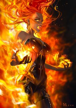 1girl artist_logo bare_shoulders biker_clothes bikesuit black_bodysuit bodysuit earrings fire genshin_impact glowing glowing_eyes highres jewelry logo long_hair m_alexa mavuika_(genshin_impact) open_mouth pyrokinesis red_hair solo strapless_bodysuit sun_earrings symbol_in_eye