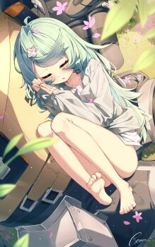1girl 1other absurdres bare_legs barefoot belt blue_hair flower grass grey_shirt hair_ornament hairpin highres humanoid_robot maeru on_grass pink_flower pouch robot seed_(zenless_zone_zero) seed_sr. shirt sleeping white_shirt zenless_zone_zero