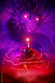 1boy arm_up black_lightning book corruption darkness dragon fantasy fire_emblem fire_emblem:_genealogy_of_the_holy_war fog glowing glowing_eyes highres holding holding_book julius_(fire_emblem) loptous_(fire_emblem) nintendo primogenitor34 red_hair summoning umbrakinesis wizard wyrm