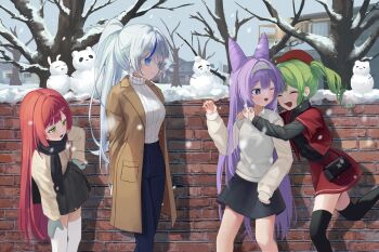 4girls ^_^ absurdres aokumo_rin bag bare_tree black_scarf black_skirt black_sweater black_thighhighs blue_eyes blue_pants brick_wall brown_coat brown_jacket closed_eyes closed_mouth coat commentary cone_hair_bun day double_bun english_commentary green_hair grey_hair grey_mittens grey_sweater_vest hair_between_eyes hair_bun hanako_nana hand_on_own_leg highres hug hug_from_behind jacket leaning_to_the_side long_bangs long_hair long_sleeves looking_at_another medium_hair miniskirt mittens msring multicolored_hair multiple_girls one_eye_closed open_clothes open_coat open_mouth outdoors pants parted_bangs pleated_skirt ponytail purple_hair red_garter_straps red_jacket red_skirt ribbed_sweater scarf shadow shoulder_bag skirt smile snow snowing snowman standing stellive straight_hair streaked_hair sweater sweater_tucked_in sweater_vest tenko_shibuki thighhighs tree turtleneck turtleneck_sweater twintails very_long_hair virtual_youtuber white_sweater white_thighhighs winter winter_clothes yuzuha_riko zettai_ryouiki