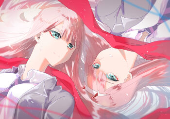 2girls breasts darling_in_the_franxx futami_(futamito) green_eyes multiple_girls necktie open_mouth pink_hair shirt white_shirt zero_two_(darling_in_the_franxx)