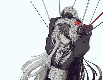 1girl bad_id bad_pixiv_id bright_pupils buttons corset dollmaker_dorloto_(grimms_notes) frilled_corset frilled_sleeves frills grimms_notes hair_over_one_eye hands_up juliet_sleeves long_hair long_sidelocks long_sleeves looking_at_viewer misoshiru_umai4 multicolored_hair neck_ribbon parted_lips puffy_sleeves red_eyes ribbon sidelocks simple_background solo split-color_hair teeth upper_body very_long_hair white_background white_pupils