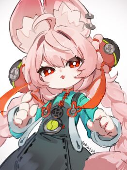 1girl animal_ear_fluff animal_ear_piercing animal_ears braid braided_twintails bright_pupils claws commentary_request furry furry_female green_shirt head_tilt highres long_hair looking_at_viewer pink_fur pink_hair rabbit_ears rabbit_girl red_hair screw shirt short_eyebrows simple_background solo thick_eyebrows tongue tongue_out twitter_username type-alpha upper_body white_background white_pupils zenless_zone_zero zhao_(zenless_zone_zero)