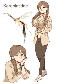 Rule 34 | 1girl, :/, absurdres, bracelet, braid, breasts, brown coat, brown eyes, brown hair, brown pants, bug, coat, commentary, earrings, english commentary, eyebrows hidden by hair, galois, head rest, highres, jewelry, long hair, low twin braids, medium breasts, original, pants, personification, sleeves rolled up, twin braids
