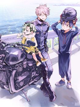 3boys black_hair dated gloves green_hair helmet highres hood hoodie jacket kemono_jihen kusaka_kabane looking_at_another male_focus motor_vehicle motorcycle multiple_boys red_eyes short_hair tademaru_shiki tamaki_(kemono_jihen) thick_eyebrows wao_(77_af5) water