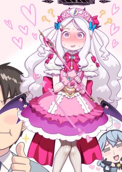 1boy 2girls ahoge ako_(blue_archive) black_halo blue_archive blue_eyes blue_hair blush breasts demon_girl demon_horns demon_wings halo heart highres hijiri_rei hina_(blue_archive) horns long_hair low_wings magical_girl multiple_girls open_mouth purple_eyes sensei_(blue_archive) small_breasts standing very_long_hair white_hair wings