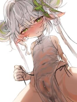 1girl absurdres china_dress chinese_clothes double_bun dress genshin_impact hair_bun highres loli nahida_(genshin_impact) no_panties pointy_ears pussy_juice pussy_juice_trail see-through_clothes star-shaped_pupils star_(symbol) symbol-shaped_pupils torten
