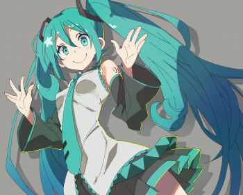 1girl aqua_eyes aqua_hair aqua_necktie bare_shoulders black_skirt black_sleeves breasts cel_shading collared_shirt detached_sleeves grey_shirt hatsune_miku headphones headset highres long_hair looking_at_viewer medium_breasts necktie number_tattoo pleated_skirt shirt shoulder_tattoo skinny skirt sleeveless sleeveless_shirt smile star_(symbol) tattoo tie_clip twintails ushiki_yoshitaka very_long_hair vocaloid