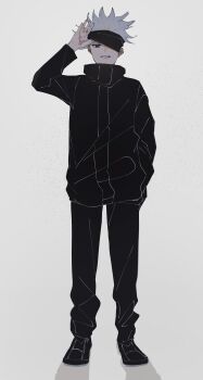 1boy absurdres bandage_over_one_eye black_jacket black_pants blue_eyes gojou_satoru grey_background highres jacket jujutsu_kaisen pants parted_lips shadow shirt solo white_shirt yukiusagi_(snowrabbit0508)