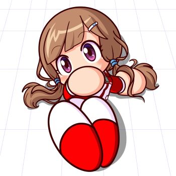 1girl brown_hair drilljapan from_above hair_ornament hairclip highres jacket jikkyou_powerful_pro_yakyuu jikkyou_powerful_pro_yakyuu_(style) low_twintails lying motowaka_haruhi multicolored_jacket multicolored_shoes no_mouth on_back purple_eyes rayman_limbs red_jacket red_shoes shoes solo track_jacket twintails two-tone_shoes white_jacket white_shoes