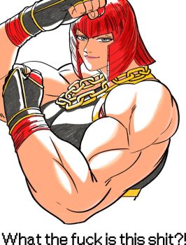 1girl 2023 bare_arms black_gloves breasts capcom chain clenched_hands closed_mouth collarbone commentary cropped_torso english_commentary english_text eyebrows_hidden_by_hair female_focus fingerless_gloves gloves gold_chain green_eyes gutsbro14 hand_wraps light_smile looking_at_viewer marisa_(street_fighter) medium_breasts muscular muscular_female pink_lips profanity red_hair short_hair simple_background solo straight_hair street_fighter street_fighter_6 upper_body variant_set white_background